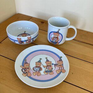 Teddy Bear Parade Kohzan Japan Ceramic Bowl Mug & Saucer 3pc Set Children's Dish